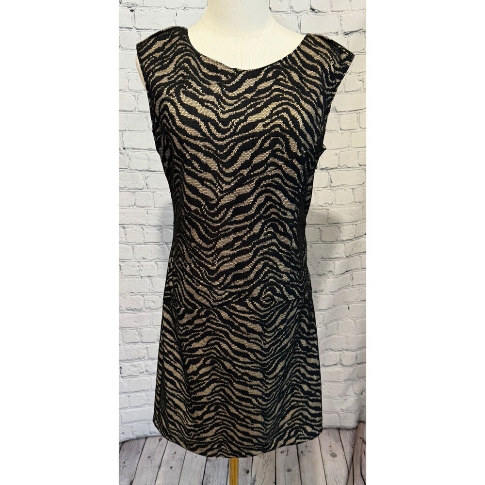 Halo Black Beige Animal Print Mesh Sheath V-Neck Dress Size S